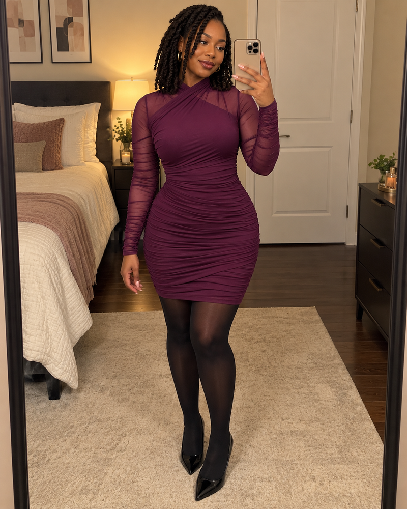 Ruched Mesh Bodycon Mini Dress
