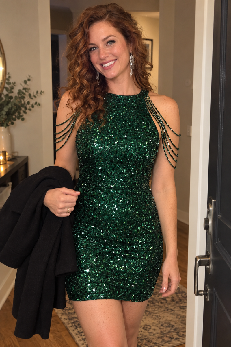 Sequin Shoulder Drape Mini Dress